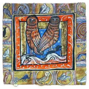 Housse de coussin médiéval aux deux chouettes